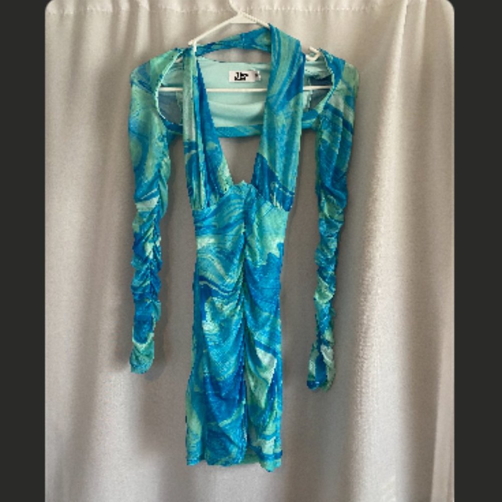 Tiger Mist Blue Tie Dye Dress with Shoulder Long Sleeve